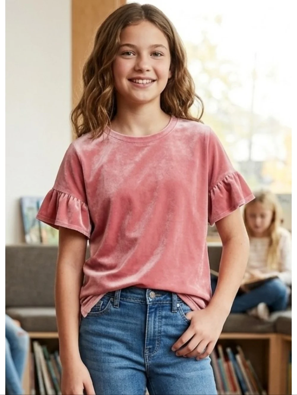 Old Navy Ruffle Velvet Sleeve Top Tyrell Rose Size XL (14)
